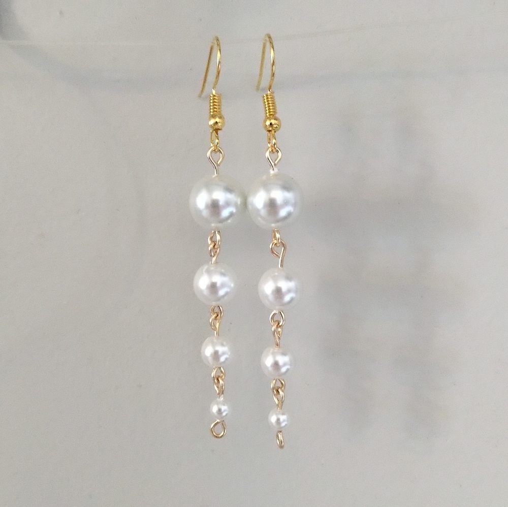 White Glass Faux Pearl Descending Four Tier Dangle Hook Linear Earrings Handmade
